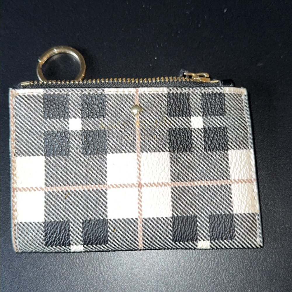 Kate spade Plaid Zip Card Holder Keyring - Black White Tan